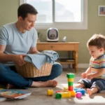 Father folding laundry while toddler son plays with blocks on living room floor of Phoenix home