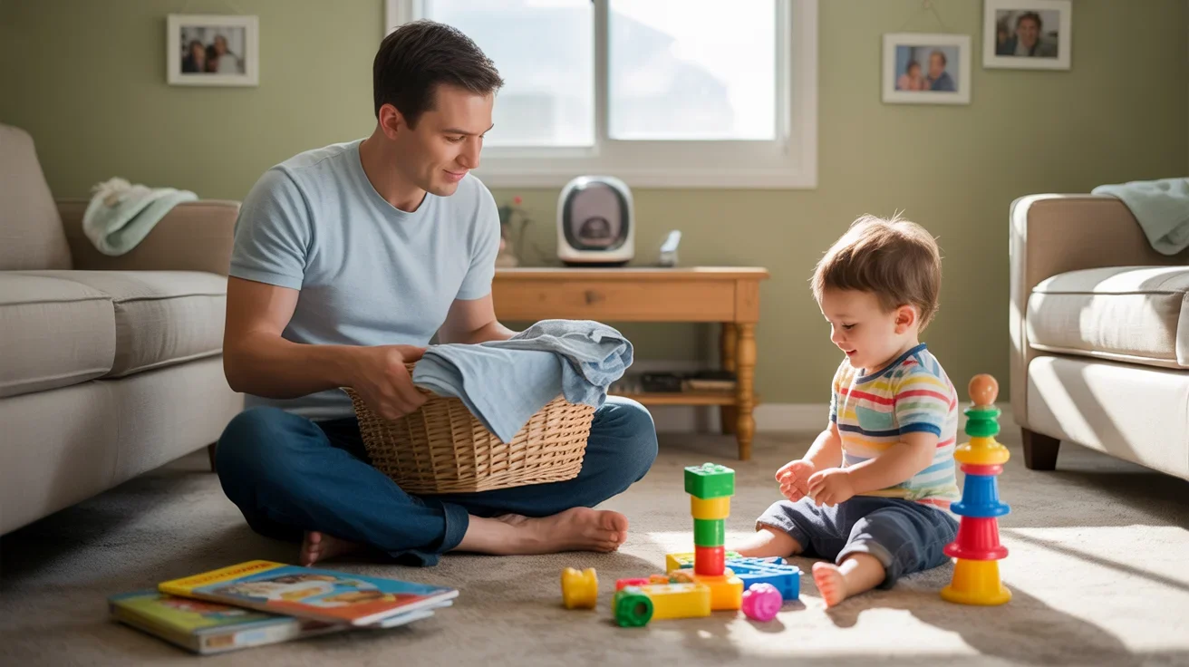 Father folding laundry while toddler son plays with blocks on living room floor of Phoenix home