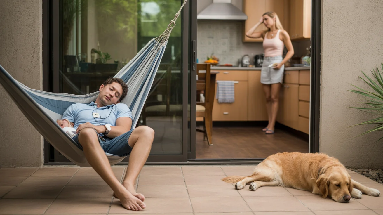 Father naps on shaded patio while wife cooks lunch inside Scottsdale home on hot summer day