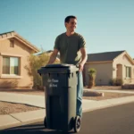 Man rolling garbage bin to curb in front of matching stucco homes in El Mirage, AZ neighborhood