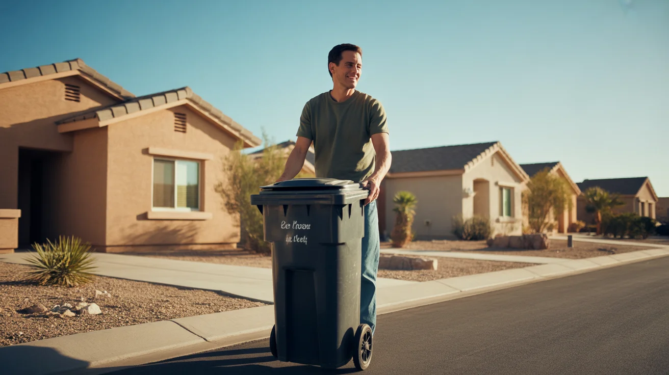 Man rolling garbage bin to curb in front of matching stucco homes in El Mirage, AZ neighborhood