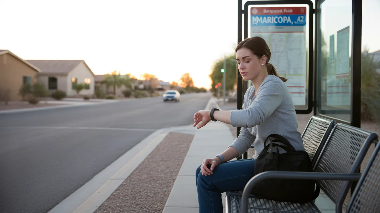 Woman waiting at bus stop in Maricopa AZ at sunset