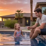 Father and daughter enjoying a backyard pool at sunset in Goodyear, Arizona
