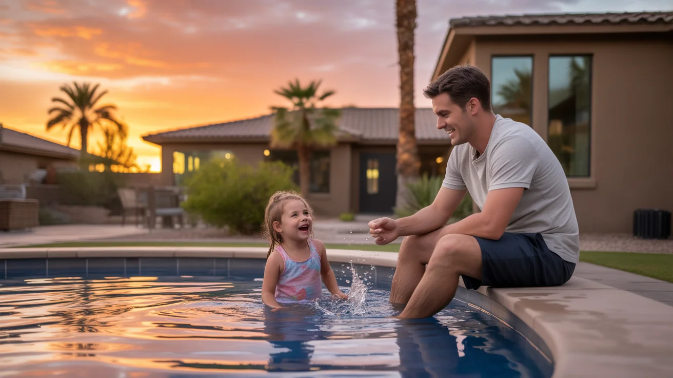Father and daughter enjoying a backyard pool at sunset in Goodyear, Arizona