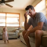 A father sits on a couch in a ranch home living room in Tempe, AZ while his daughter plays nearby on a hot day.