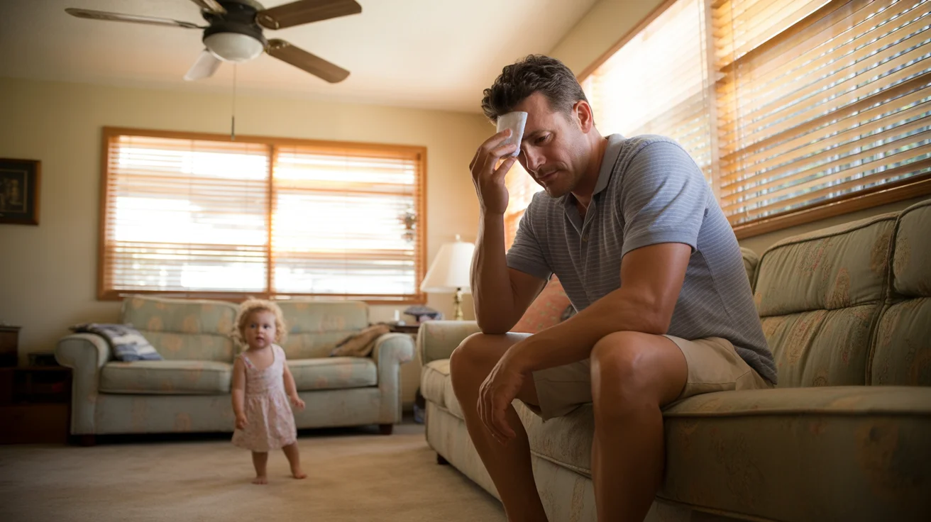 A father sits on a couch in a ranch home living room in Tempe, AZ while his daughter plays nearby on a hot day.