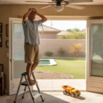 Dad adjusting ceiling fan in living room of Goodyear, AZ home on hot summer day