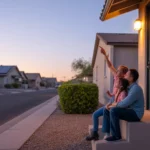 Father and daughter sitting on front steps of Avondale home at dusk, turning off porch light
