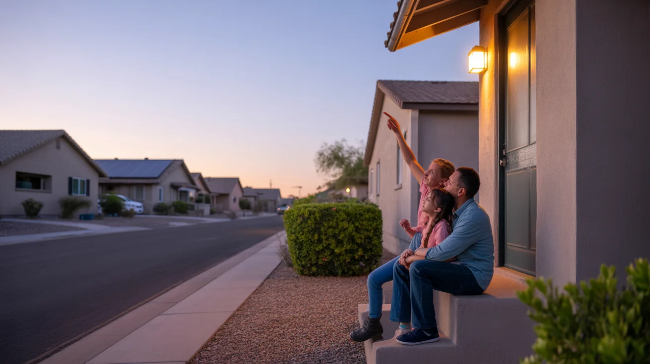 Father and daughter sitting on front steps of Avondale home at dusk, turning off porch light
