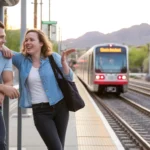 Two coworkers chat on a Scottsdale Valley Metro light rail platform at sunset