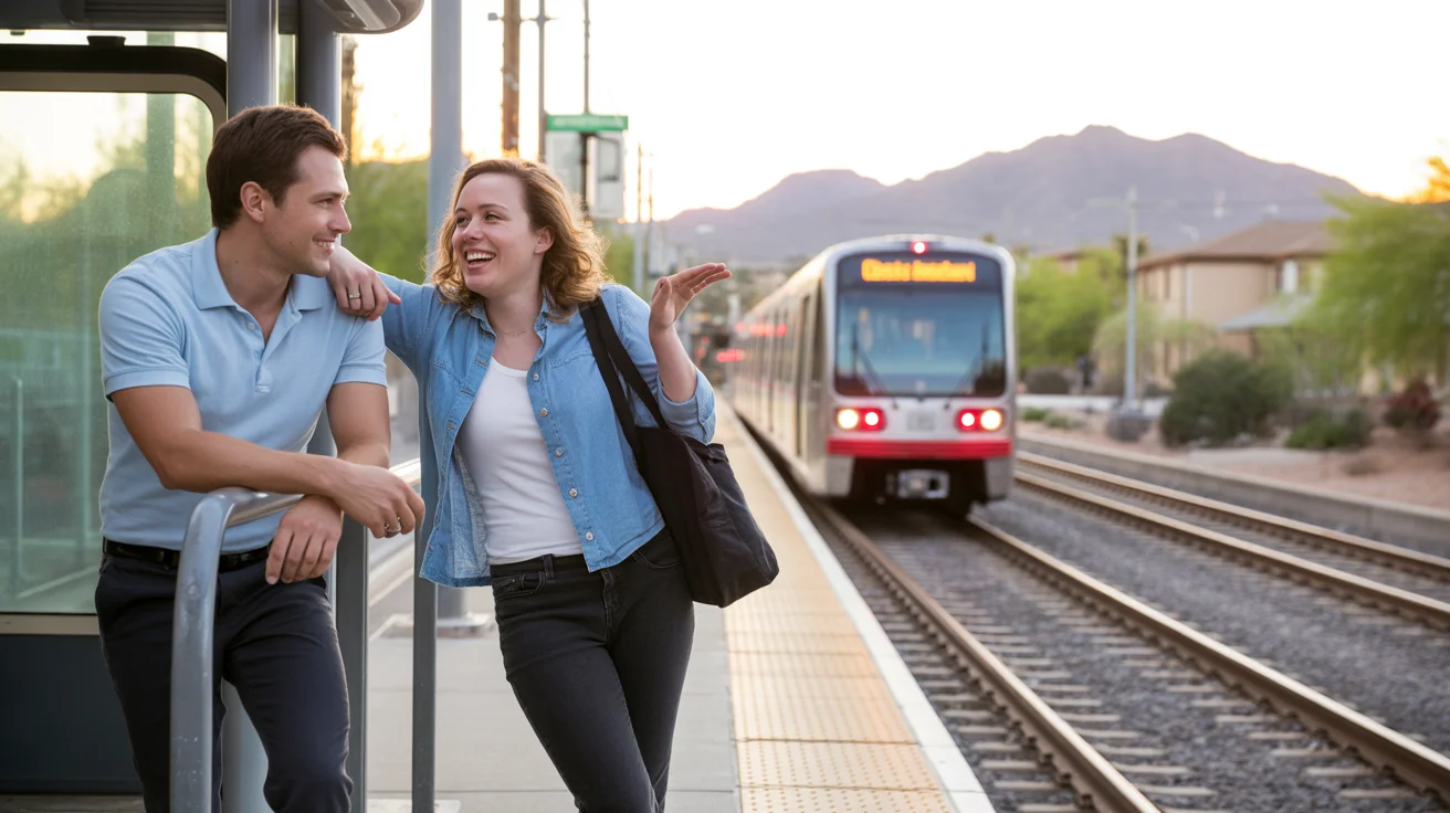 Two coworkers chat on a Scottsdale Valley Metro light rail platform at sunset