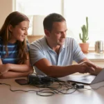 Father helping teenage daughter set up new laptop at kitchen table in Goodyear, AZ home