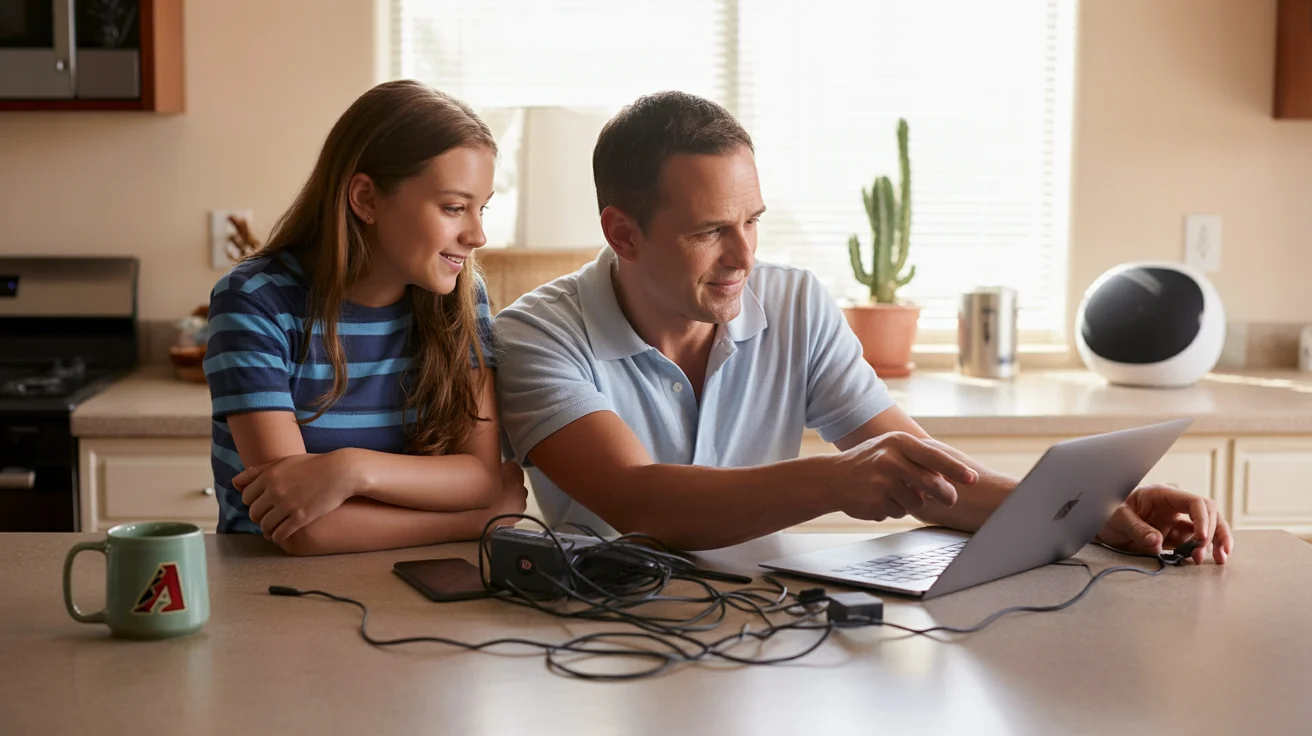 Father helping teenage daughter set up new laptop at kitchen table in Goodyear, AZ home