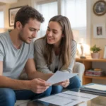 Couple reviewing monthly budget in Laveen apartment living room