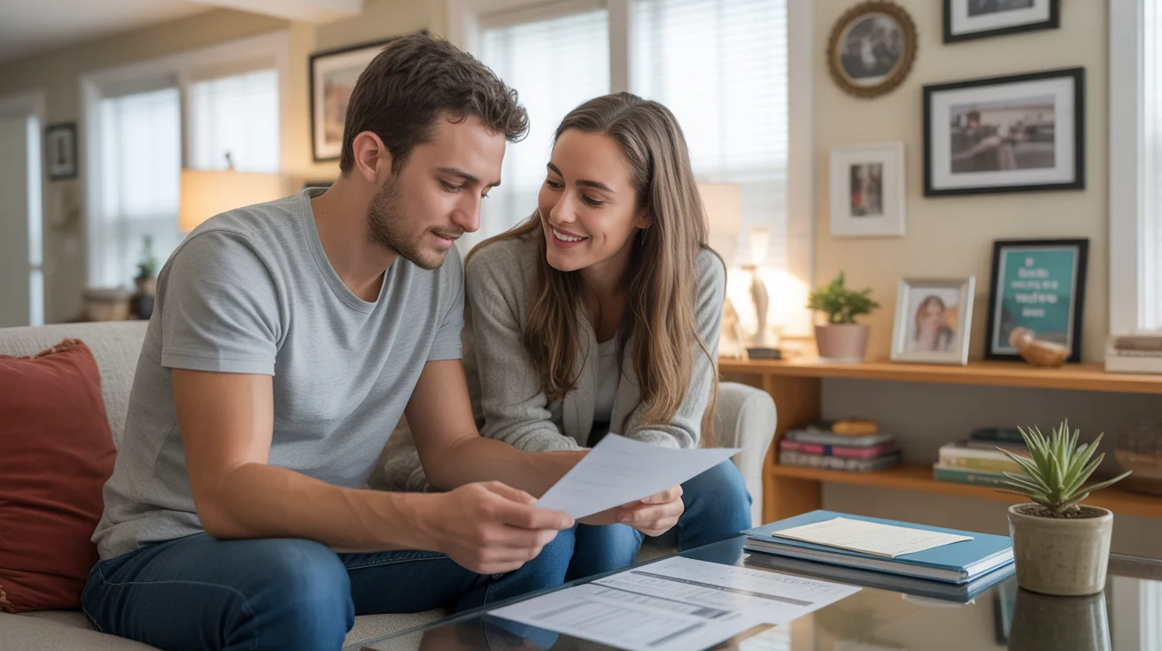 Couple reviewing monthly budget in Laveen apartment living room