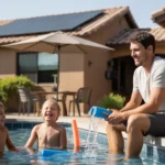 Father watching kids play in backyard pool in Chandler, AZ on hot summer day, thinking about energy costs