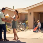 A couple unloads groceries from their car into the garage of their Surprise, AZ home as their son plays nearby