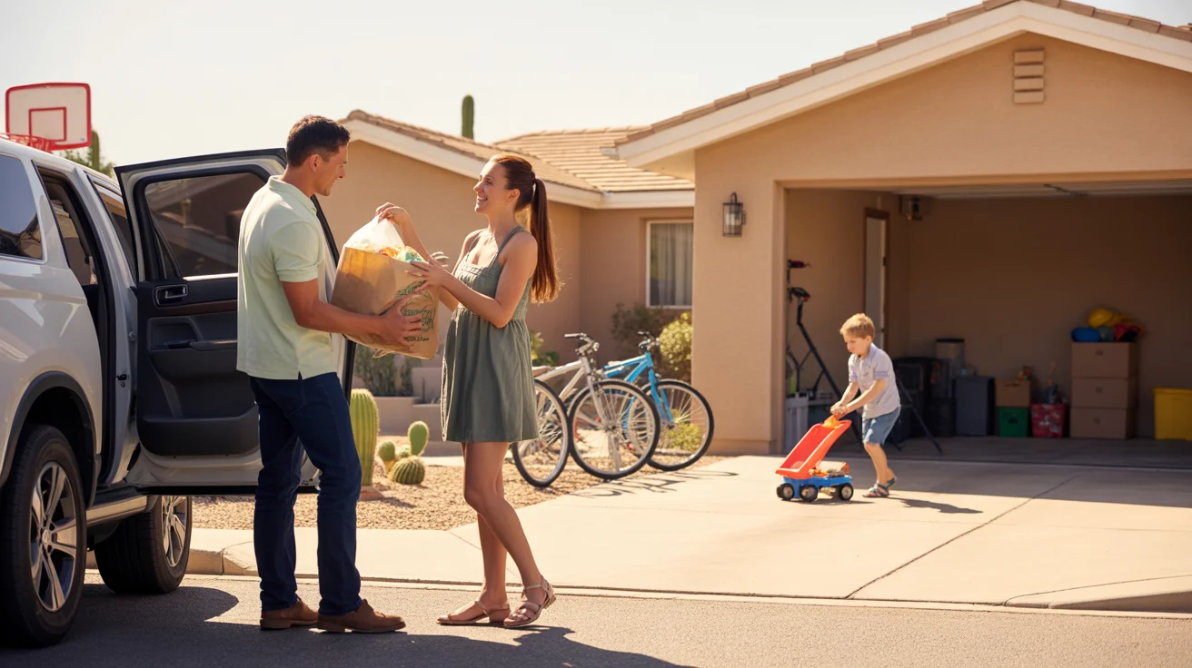A couple unloads groceries from their car into the garage of their Surprise, AZ home as their son plays nearby