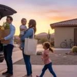 Family bringing in groceries at their Phoenix home at sunset