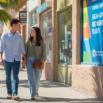 Couple walking past colorful broadband ad in Laveen, AZ neighborhood