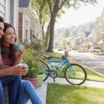 A couple enjoys a peaceful morning coffee on the front steps of their Riverside townhome.