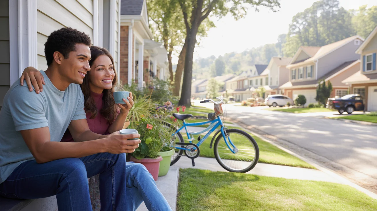A couple enjoys a peaceful morning coffee on the front steps of their Riverside townhome.