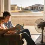 Father reads storybook to daughter in armchair near open front door at sunset in El Mirage, Arizona home.