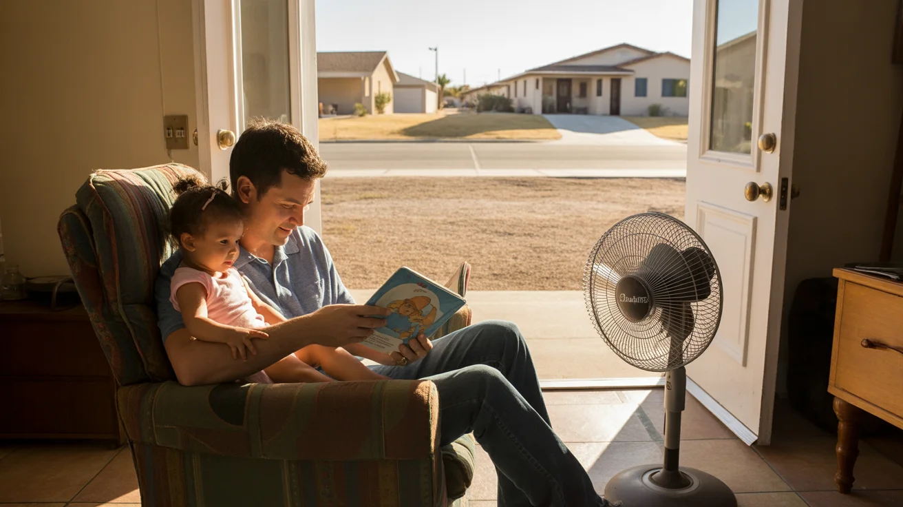 Father reads storybook to daughter in armchair near open front door at sunset in El Mirage, Arizona home.