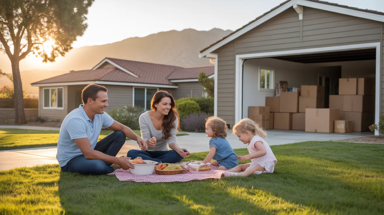 Family picnics outside new home in San Bernardino at sunset