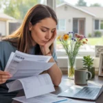 Woman reviewing utility bills and budgeting at her kitchen table in Avondale, AZ home