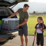 Father and daughter load sports gear into car at park in Buckeye, Arizona