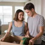 Couple unpacking groceries in new Peoria home kitchen