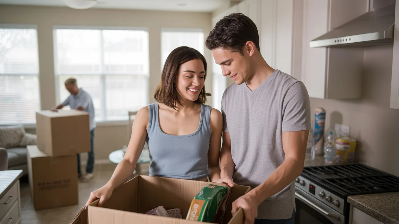 Couple unpacking groceries in new Peoria home kitchen