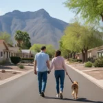 A couple walks their dog through a peaceful Apache Junction neighborhood on a sunny morning