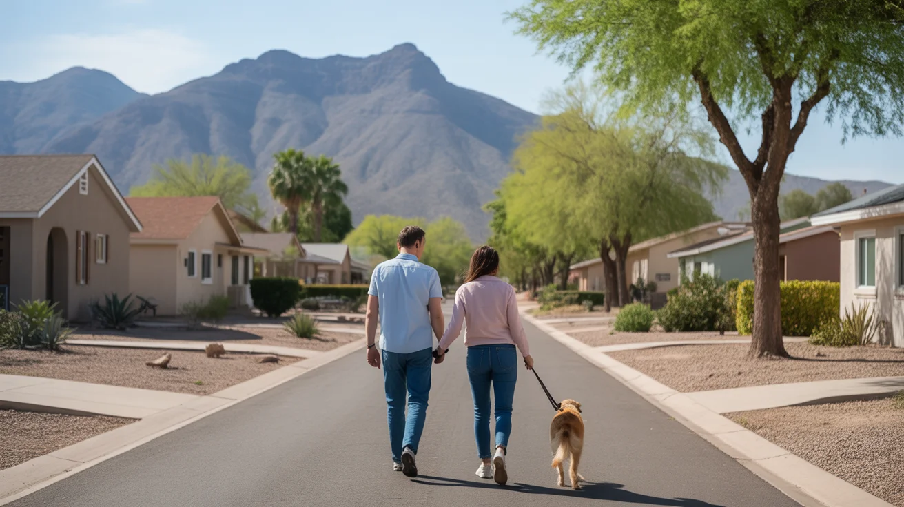 A couple walks their dog through a peaceful Apache Junction neighborhood on a sunny morning