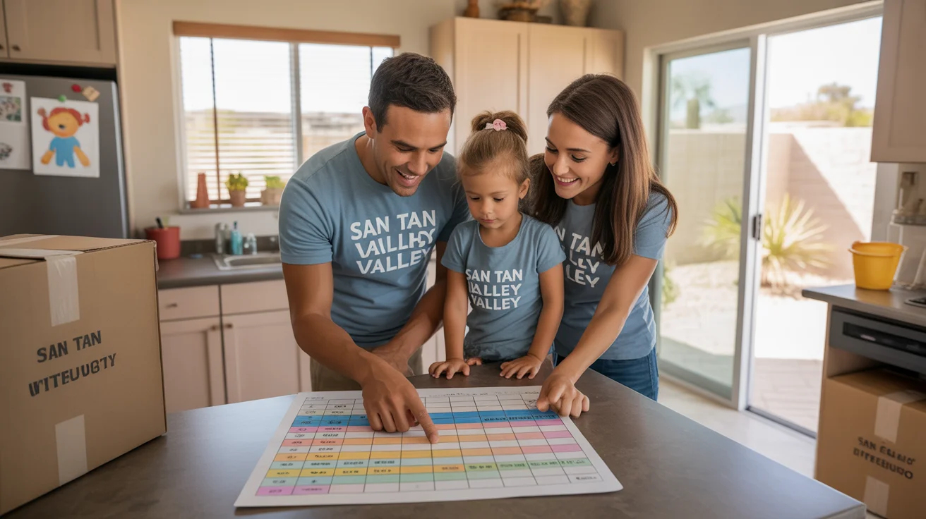 Family reviews monthly budget in new San Tan Valley home kitchen