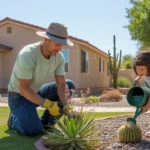 Man and daughter gardening in front yard of Scottsdale home at sunset