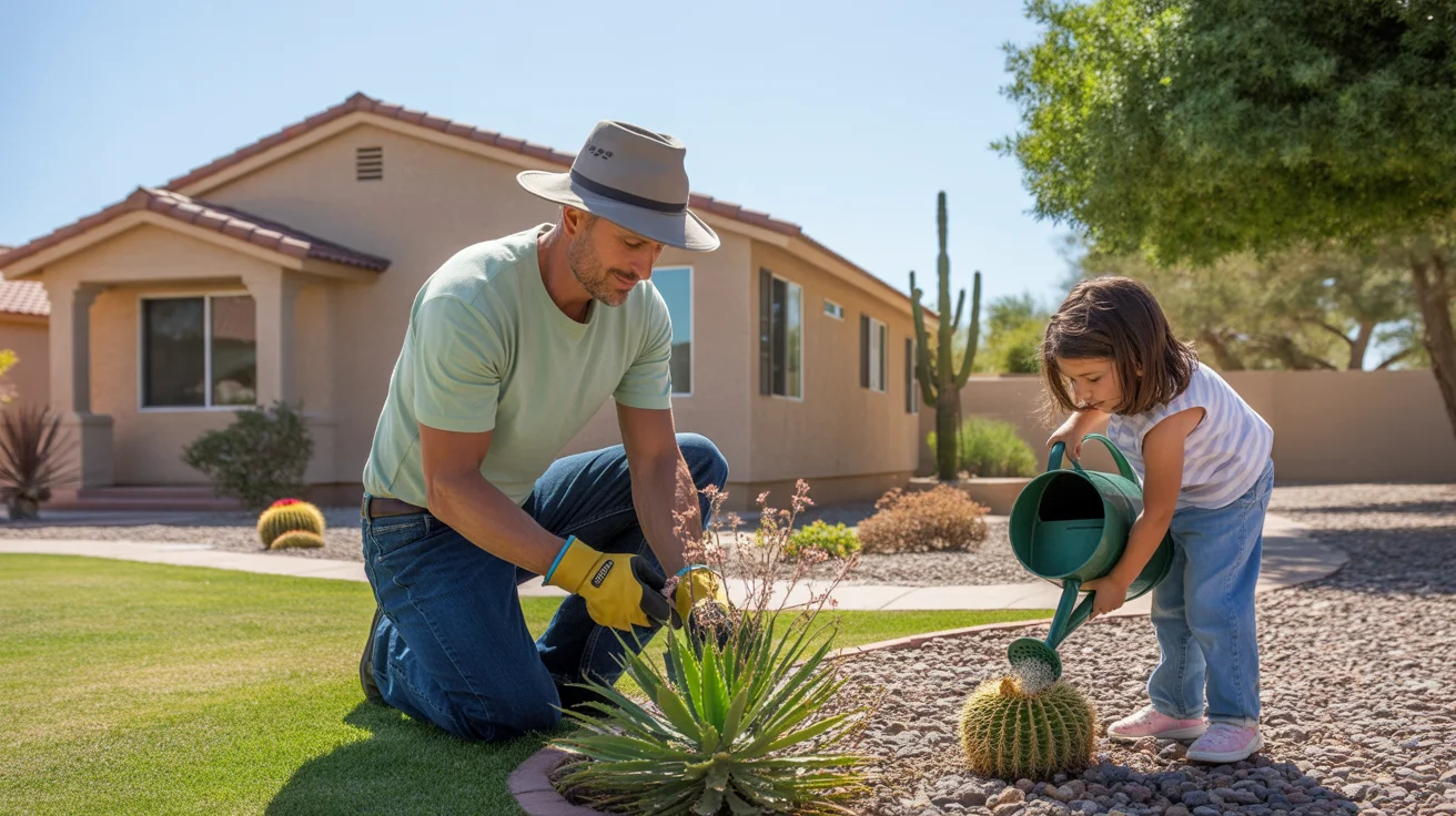 Man and daughter gardening in front yard of Scottsdale home at sunset
