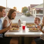 A family of four enjoys dinner together at a casual diner in Buckeye, Arizona at sunset.