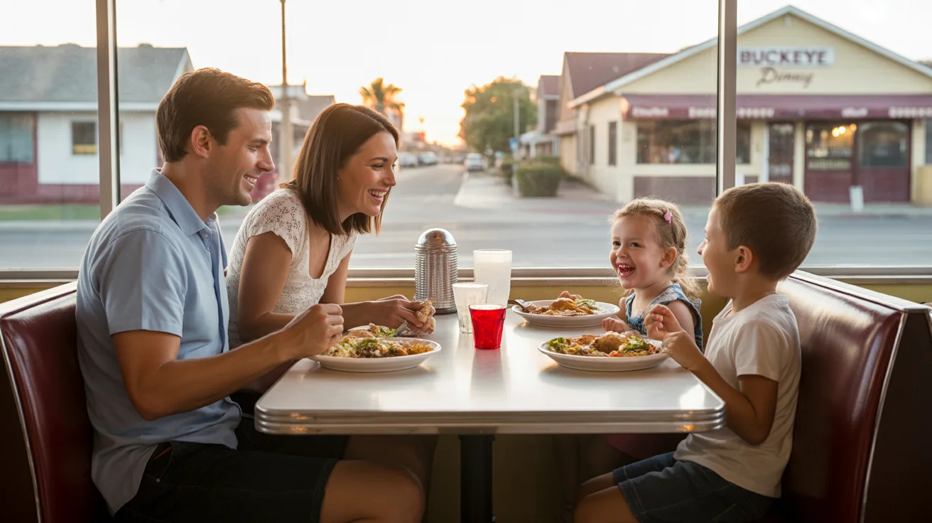 A family of four enjoys dinner together at a casual diner in Buckeye, Arizona at sunset.