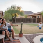 A couple enjoys morning coffee on their patio in San Tan Valley, AZ while their child plays nearby