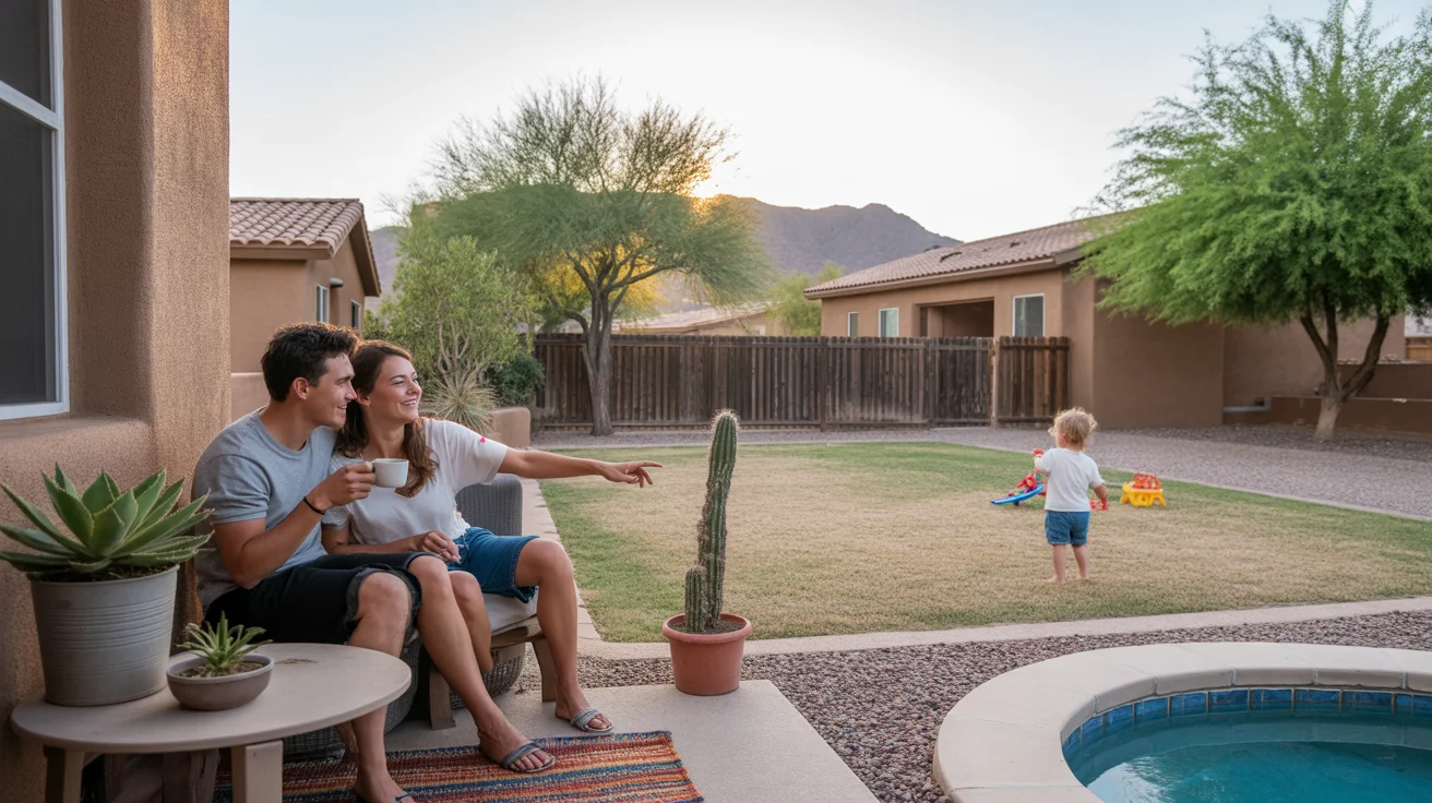 A couple enjoys morning coffee on their patio in San Tan Valley, AZ while their child plays nearby