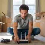 Man setting up Wi-Fi router in new Surprise, AZ apartment surrounded by moving boxes