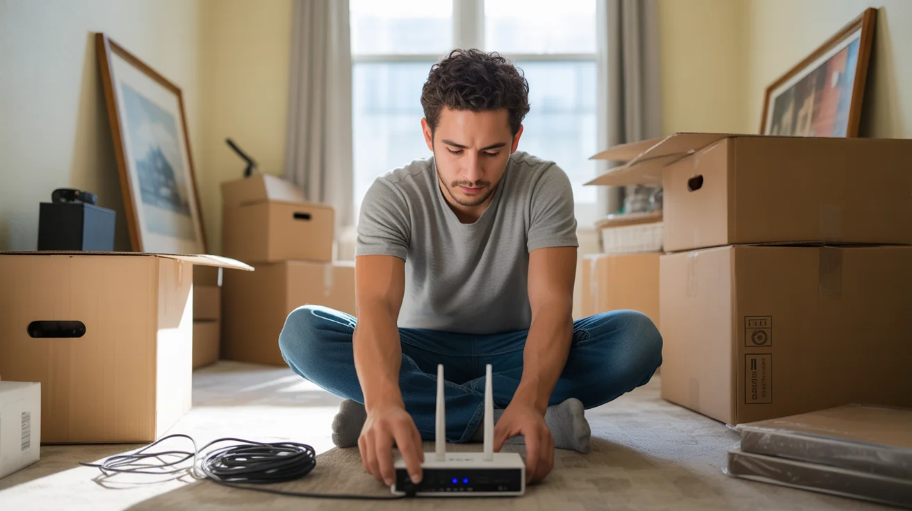 Man setting up Wi-Fi router in new Surprise, AZ apartment surrounded by moving boxes