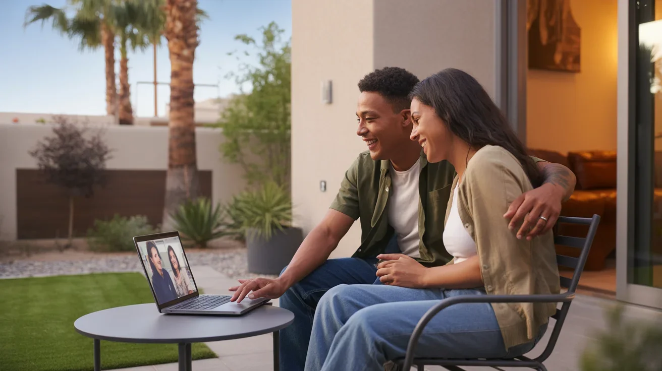 A couple video chats with family from the patio of their new Phoenix townhome at sunset.