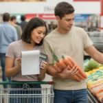 Couple comparing vegetable prices at Chandler AZ discount grocery store