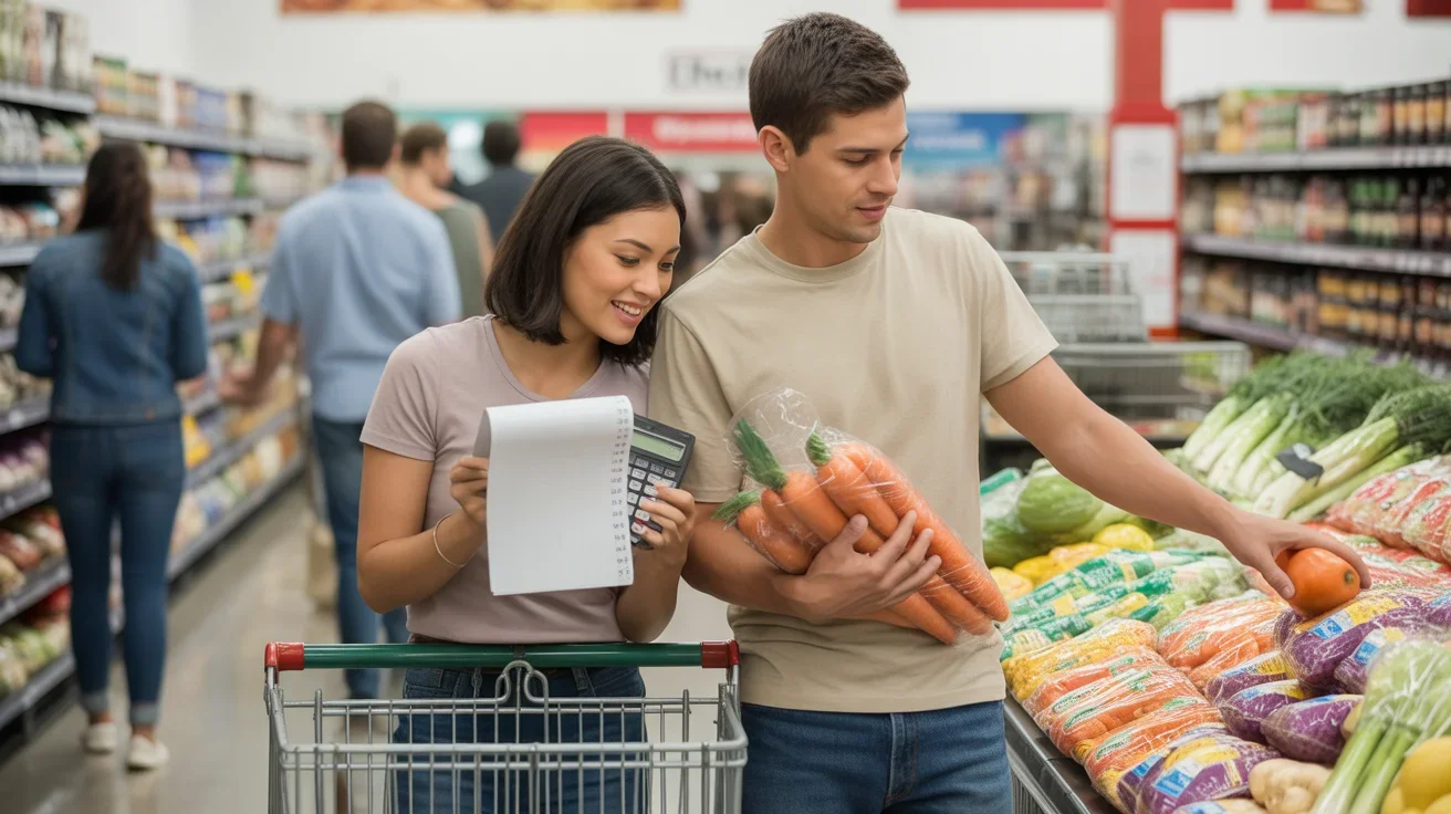 Couple comparing vegetable prices at Chandler AZ discount grocery store