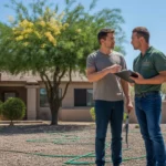 New homeowner discussing landscaping plans with contractor in front yard of modern ranch home in Glendale, Arizona