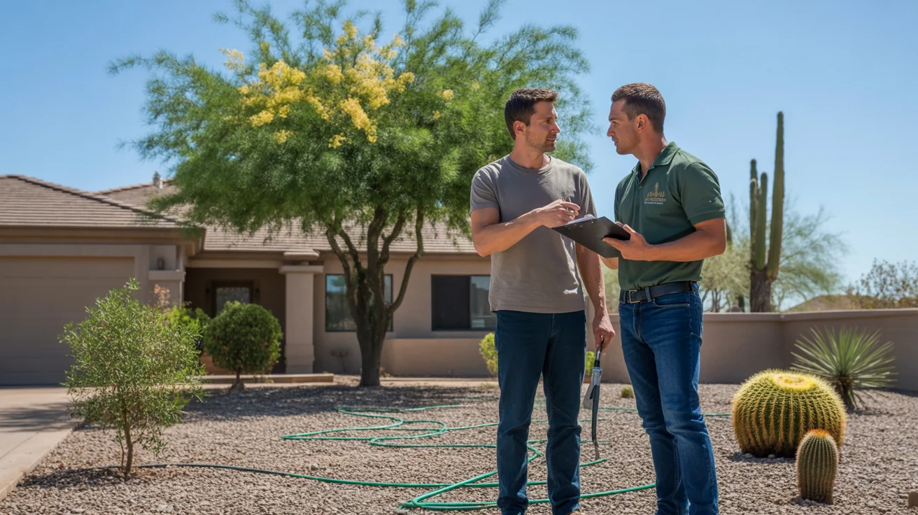 New homeowner discussing landscaping plans with contractor in front yard of modern ranch home in Glendale, Arizona
