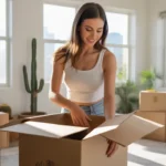 Woman unpacking in her new Phoenix apartment